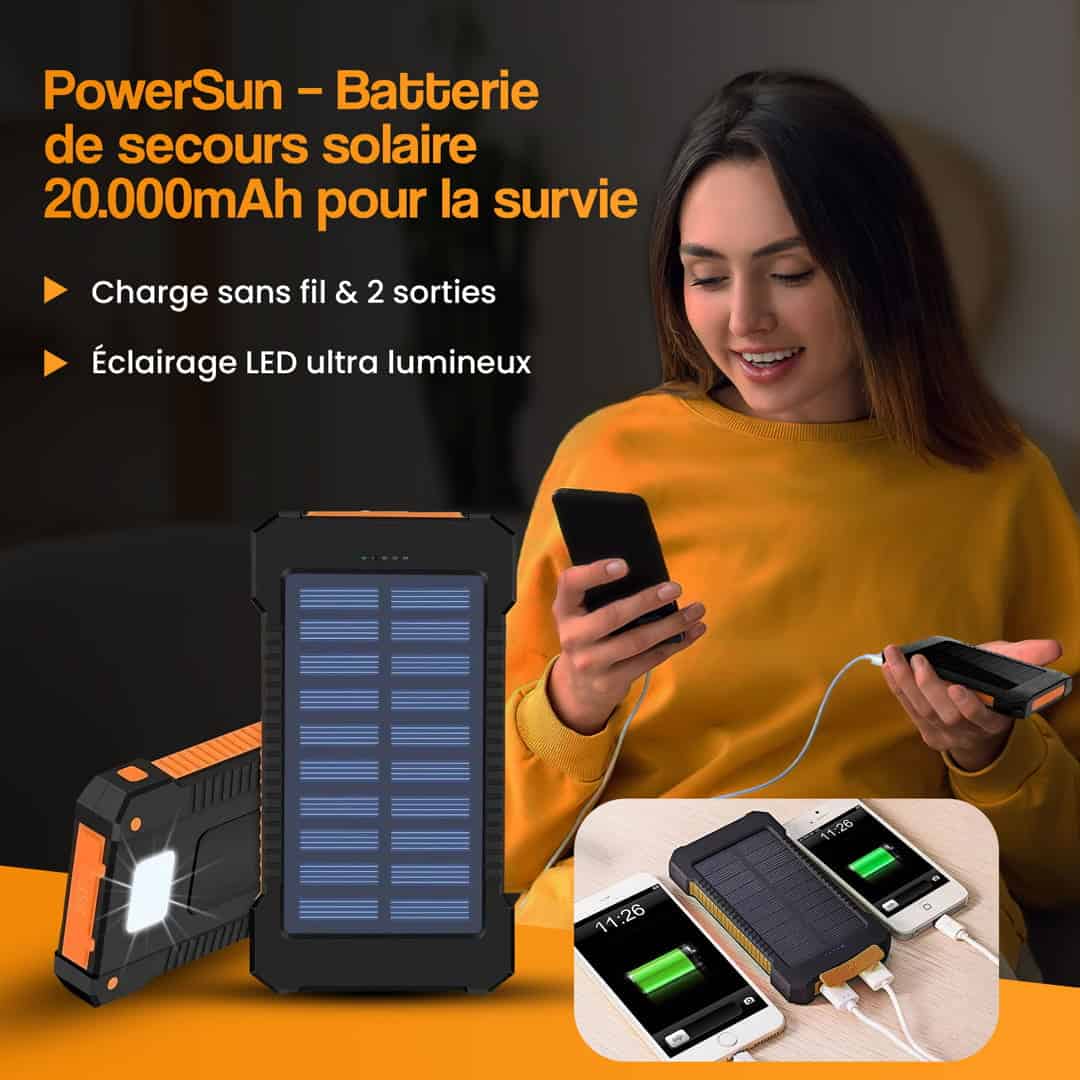 PowerSun – Batterie de secours solaire 20.000mAh pour la survie