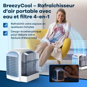 BreezyCool – Rafraîchisseur d’air portable avec eau et filtre 4-en-1