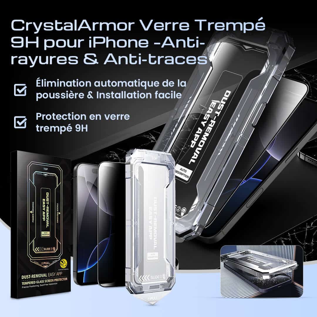 CrystalArmor Verre Trempé 9H pour iPhone – Anti-rayures &amp; Anti-traces
