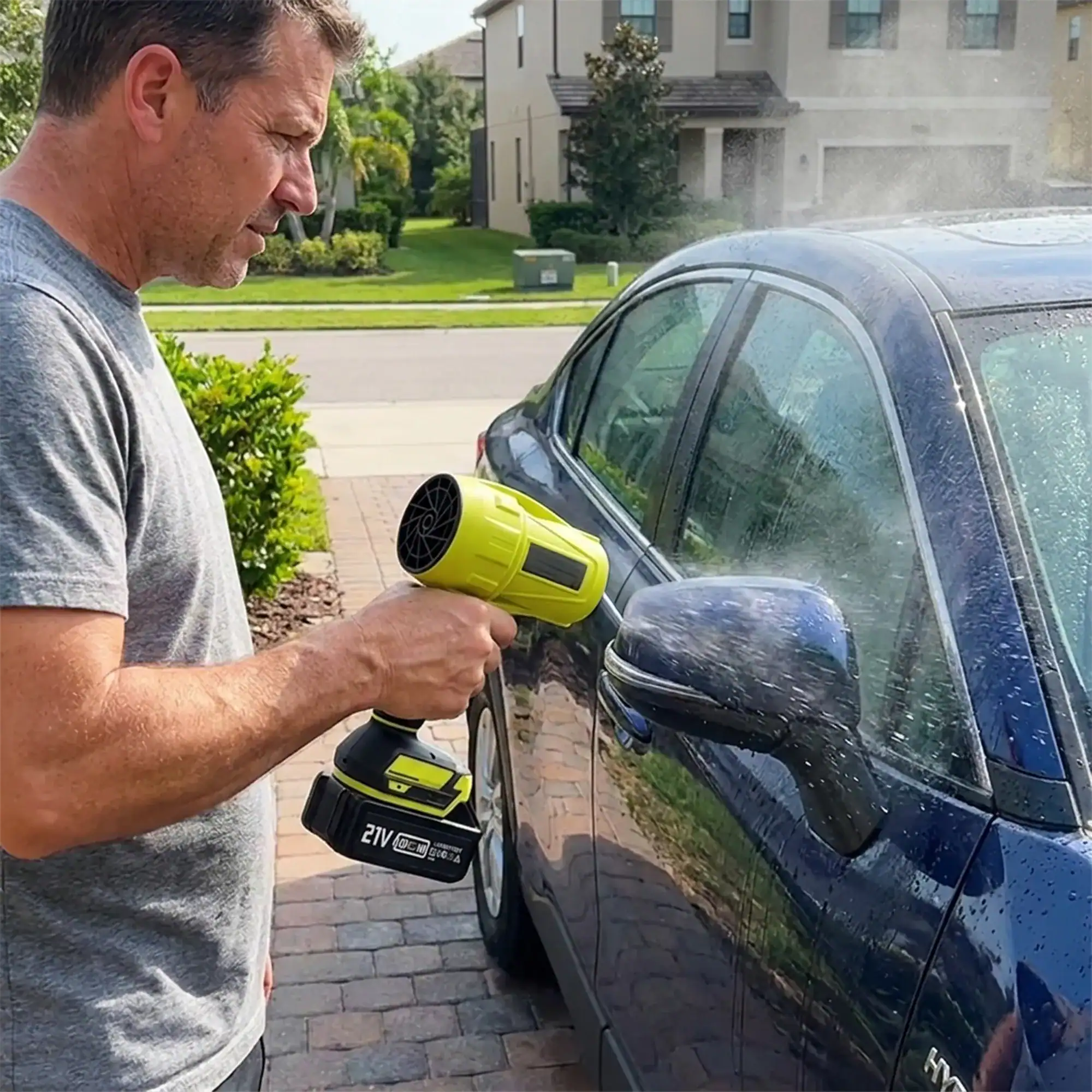 Propriétaire utilise l'AirStorm V2 pour souffler l'eau du rétroviseur