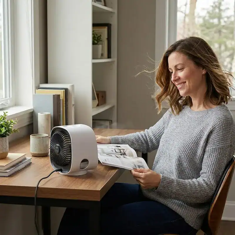Femme installée au frais à son bureau avec le AeroMini 2.0