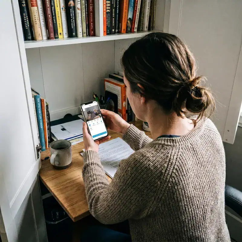 Femme regarde son téléphone pour voir son chien dormir à la maison