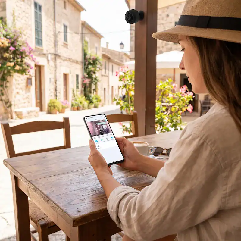 Voyageur regarde son téléphone en direct depuis chez lui