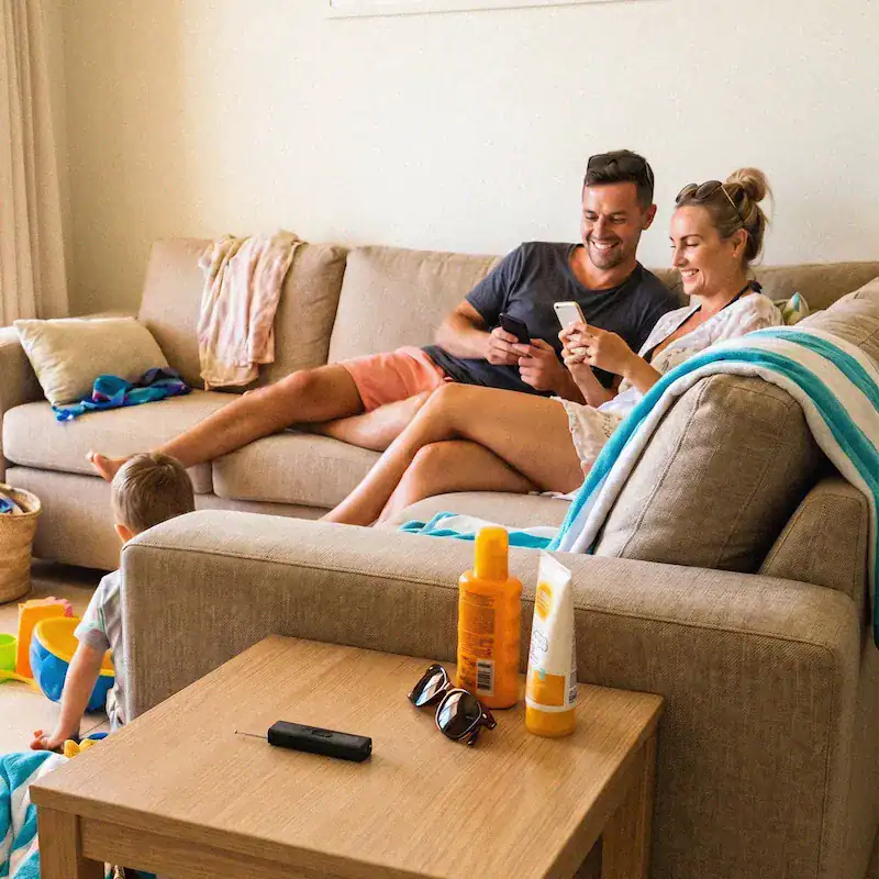 Famille vérifie sa location de vacances à l'arrivée avec ScanPro