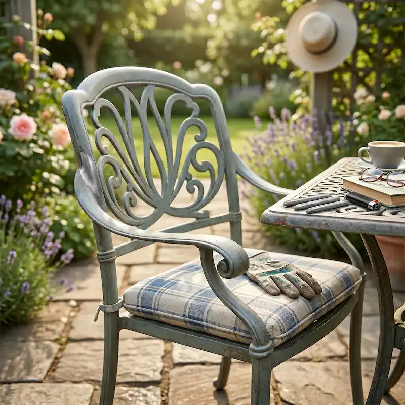 Bricoleur réparant une chaise de jardin en alu avec WeldFix