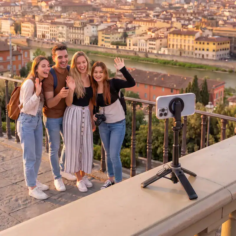 Photo de groupe en voyage avec le MagStick Pro en trépied