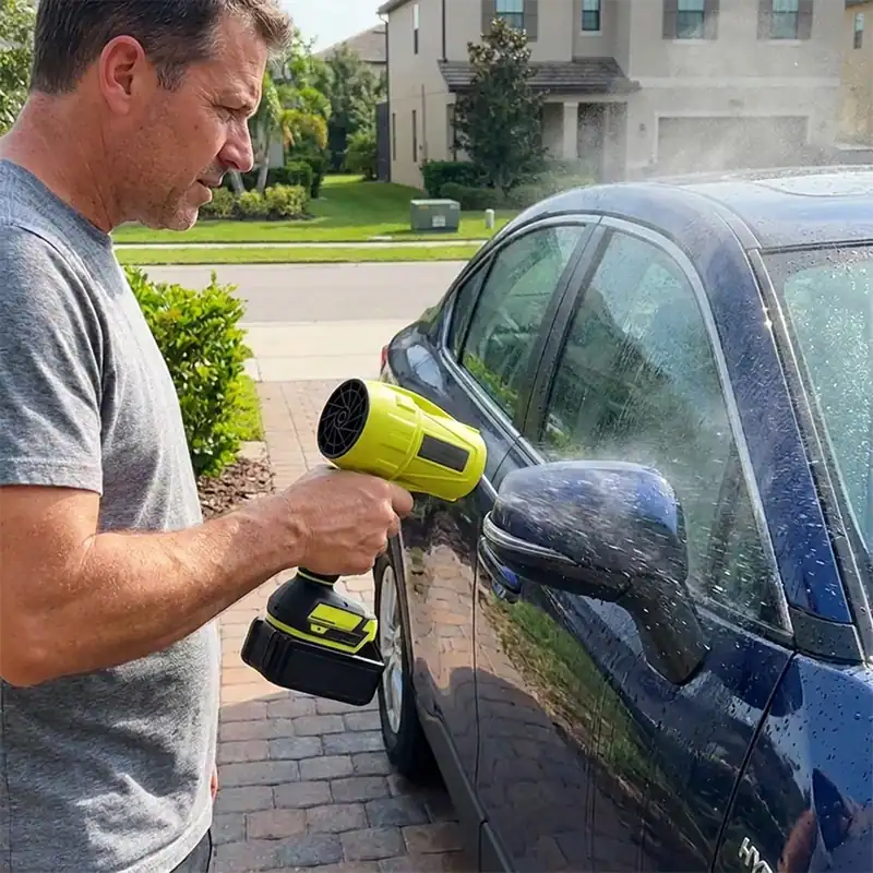 Propriétaire utilise l'AirStorm V2 pour souffler l'eau du rétroviseur